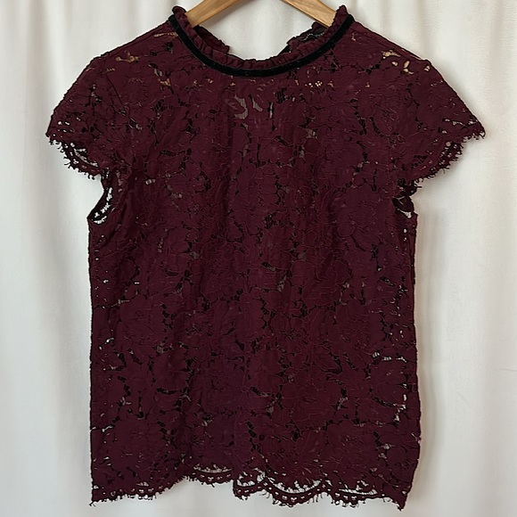 White House Black Market Tops - White House Black Market Wine Lace Velvet Short Sleeve Shirt Blouse Top **Sz S**